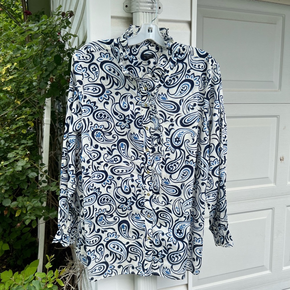 NWT Talbots Gorgeous Navy Blues Paisley Long Sleeve Cotton Blouse